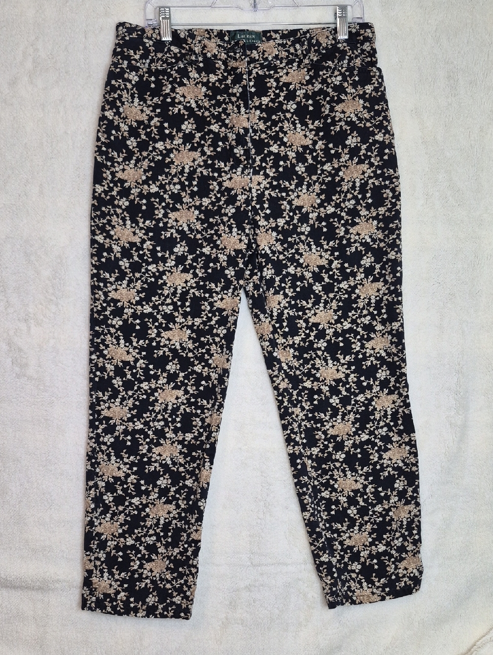 Ralph Lauren Women's Navy Pants with Beige Floral Print Size 12 Cotton